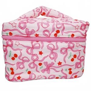 NEW ELLISON+YOUNG women's cherry bowtiful coquette travel cosmetic case in pink